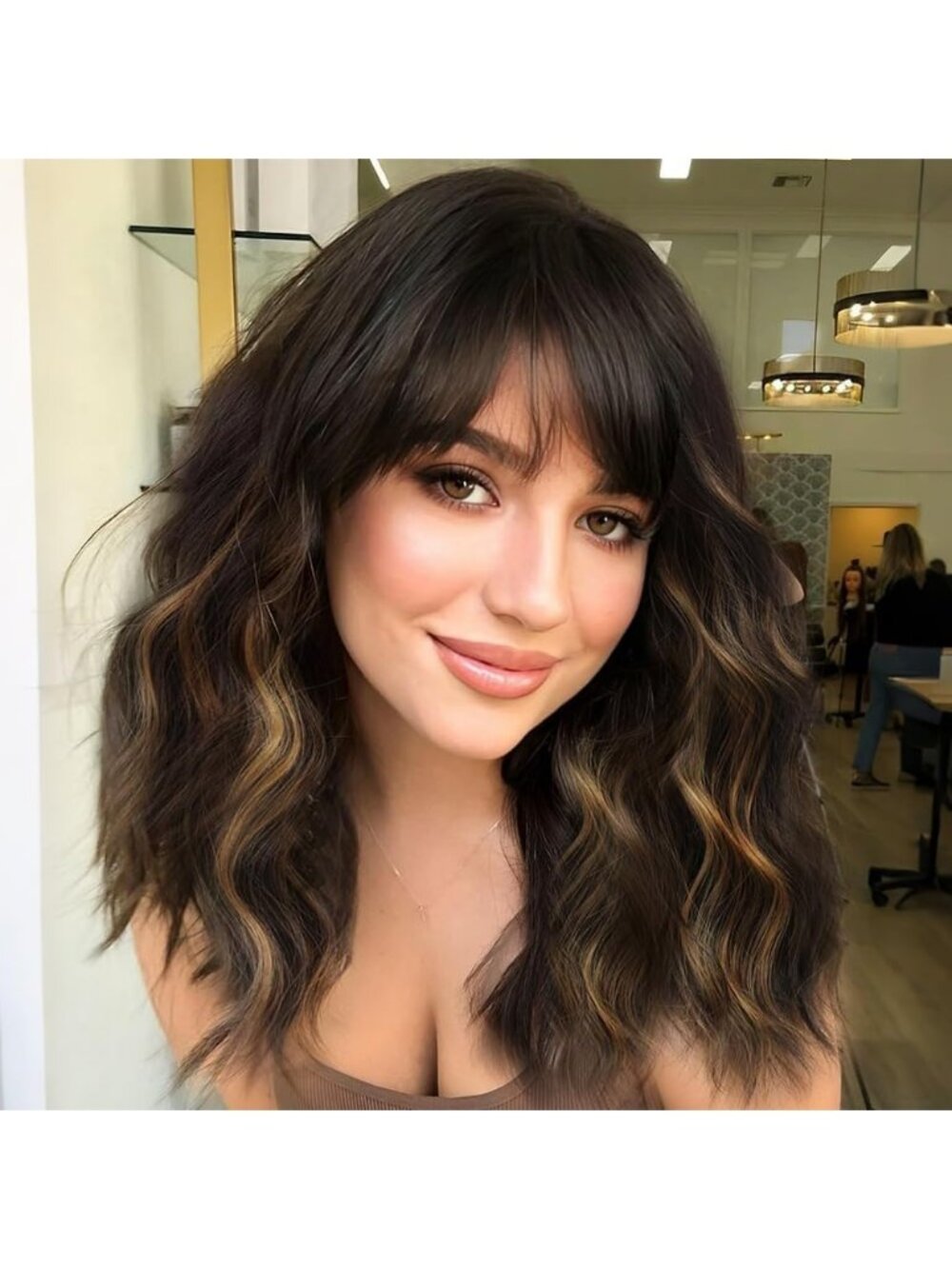 Women's Caramel Highlights Short Wavy Curly Bob Wig Synthetic with Bangs
